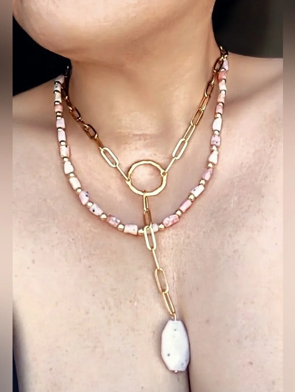 Natural Peruvian Pink Opal Beads & Pendant In Two Strand Paperclip Necklace